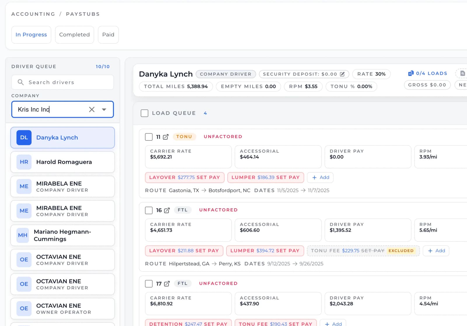 Driver pay stub creation screen in DENEMO